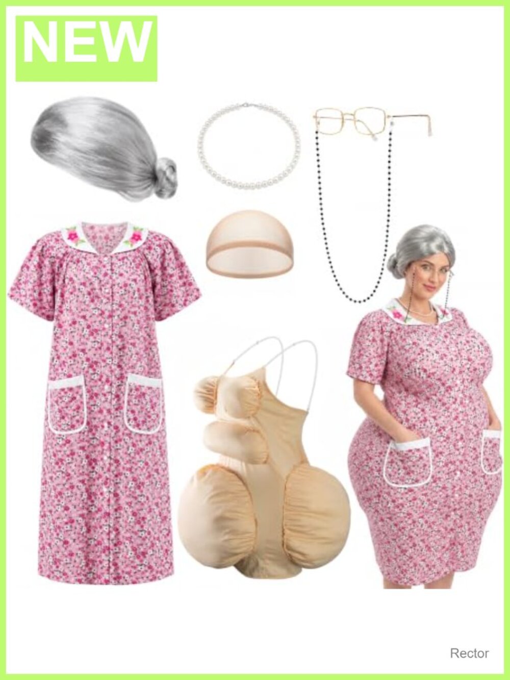 7 Pcs Halloween Fat Old Lady Costume Set Grandma Dress Fat Suits